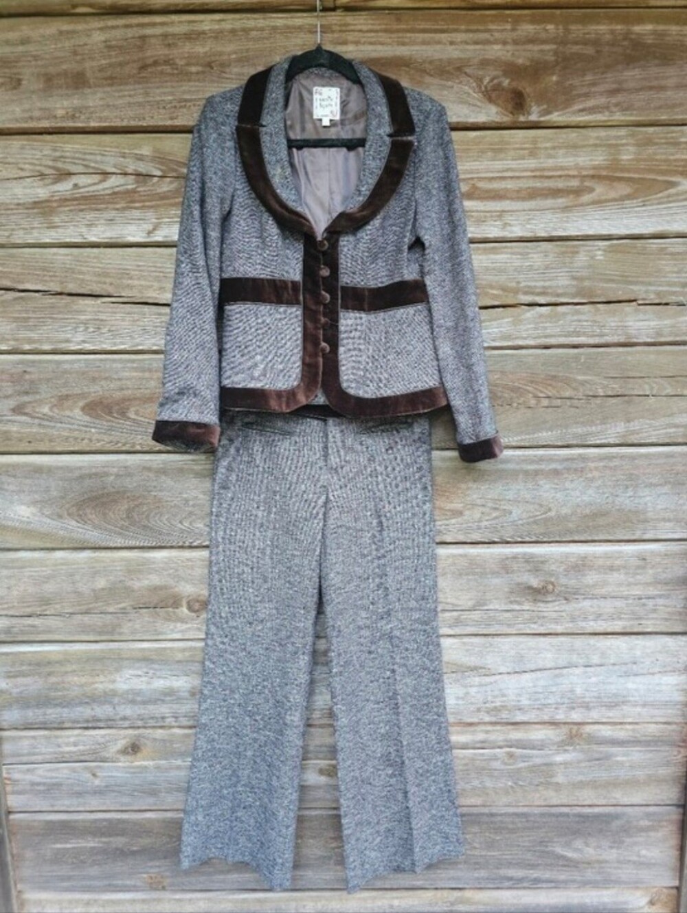 Nanette Lepore Wool Tweed Velvet Trim 2 Piece Pantsuit Size Blazer 8 Pants 6